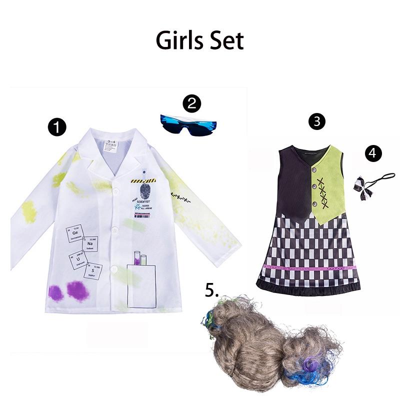 Mad Halloween Scientist Costume Girls Boys Uniform Cosplay Set For Kid Role Play