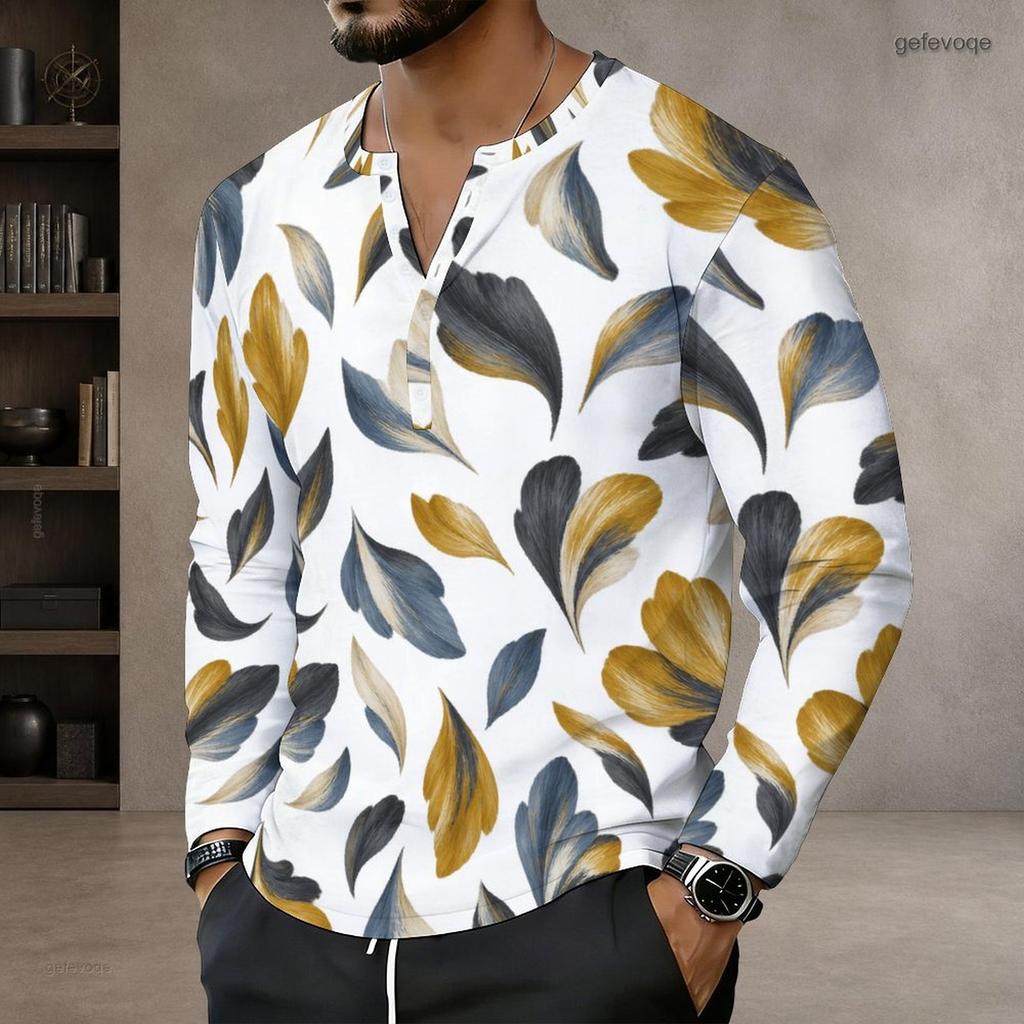 Men s Plus Size Notch Neck Long Sleeve Blue White Abstract Wave Printed Pullover Shirt