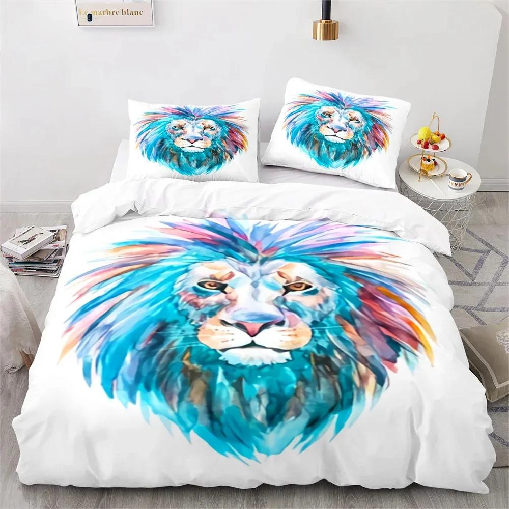 Lion Duvet Cover Set 3D Print Wild Animals Colourful King Queen Size for Kids Teens Adults Bedding Set Polyester Comforter Cover