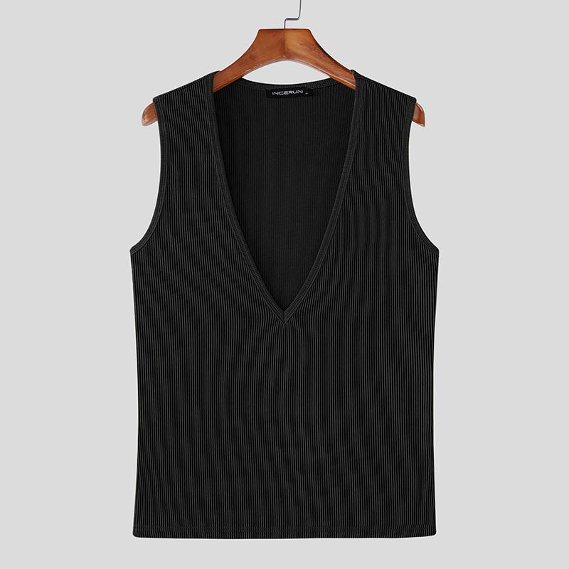 INCERUN Summer Men Deep V Sleeveless Solid Casual Fitted Rib Tank Tops Undershirts