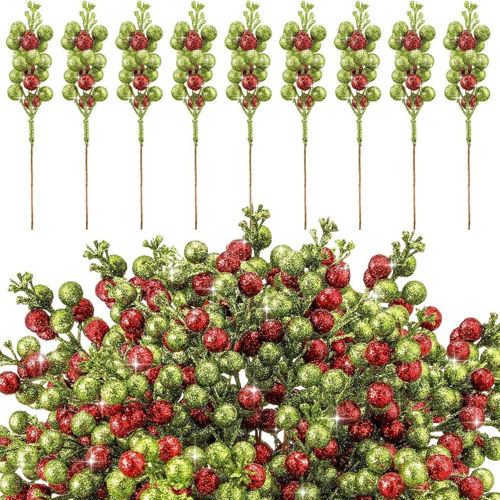 5/10Pcs Christmas Red Green Artificial Berry Bouquet - Xmas Tree Ornaments, Home Decor & New Year Party Supplies