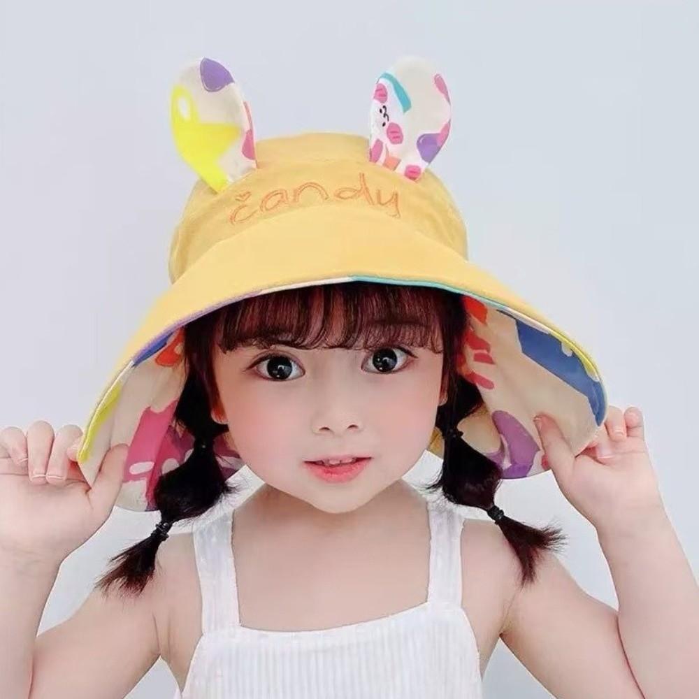 Cotton Children Rabbit Ears Sun Hat Adjustable Wide Brim Hat Kids Empty Top Sunscreen Hat  Running