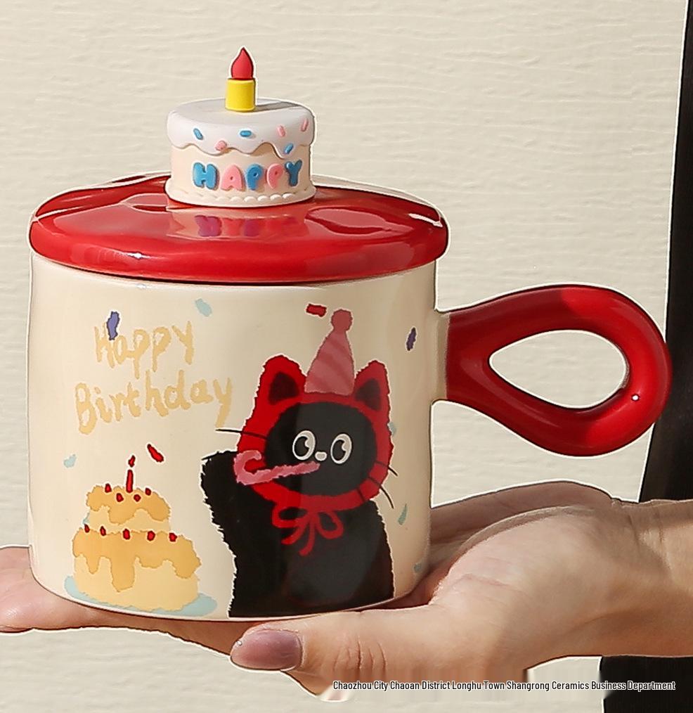 Birthday Cat Ceramic Mug - Cute Cake Design Coffee Cup Souvenir Gift