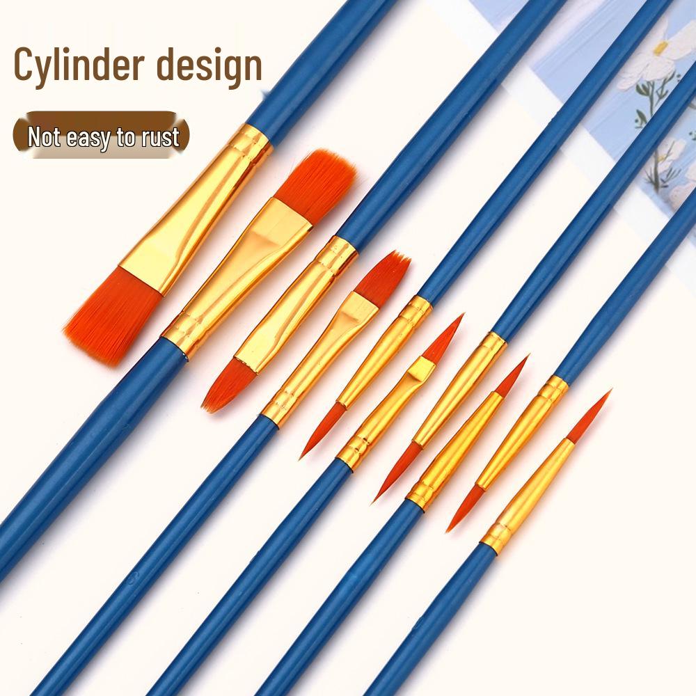 10-Piece Nylon Paintbrush Set with Plastic Handles for Oil, Watercolor, and Gouache Painting