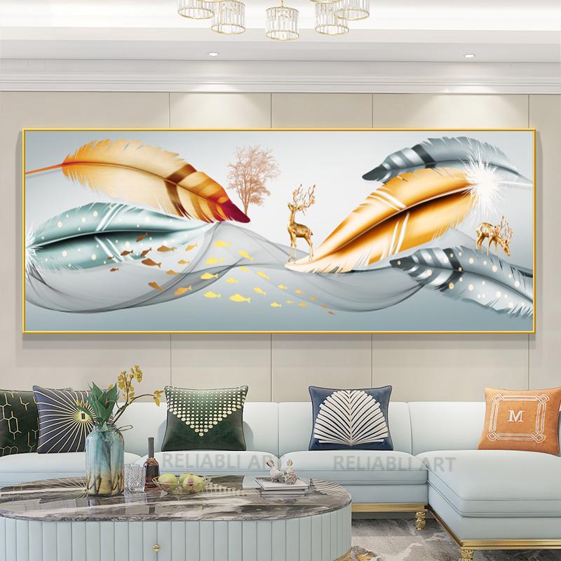 Noua pictură pe pânză cu pene de aur abstracte chinezești, aur, cerb, linie de copac, panglică, afișe și imprimeuri, artă de perete, decor camera de zi