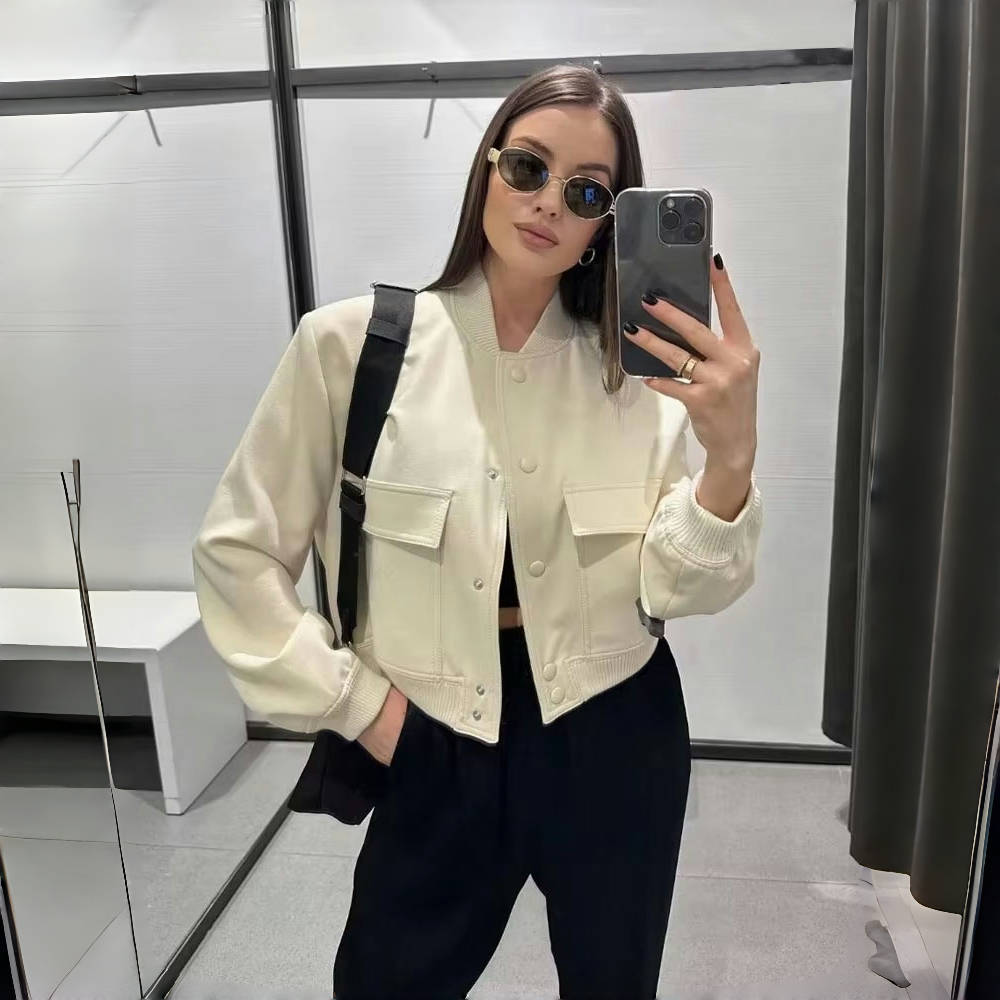 Moda damska z kieszeniami kurtki typu bomber kurtki vintage długi rękaw guzik z przodu casualowe damskie ubrania wierzchnie szykowne topy