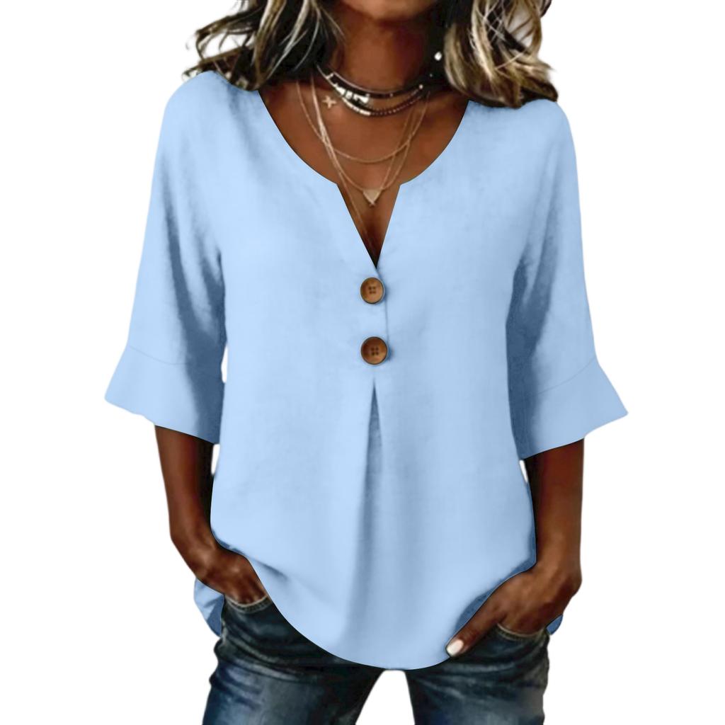 Women's Color Loose Casual Cotton Linen V-neck Fashionable Mid Sleeved Shirt Top