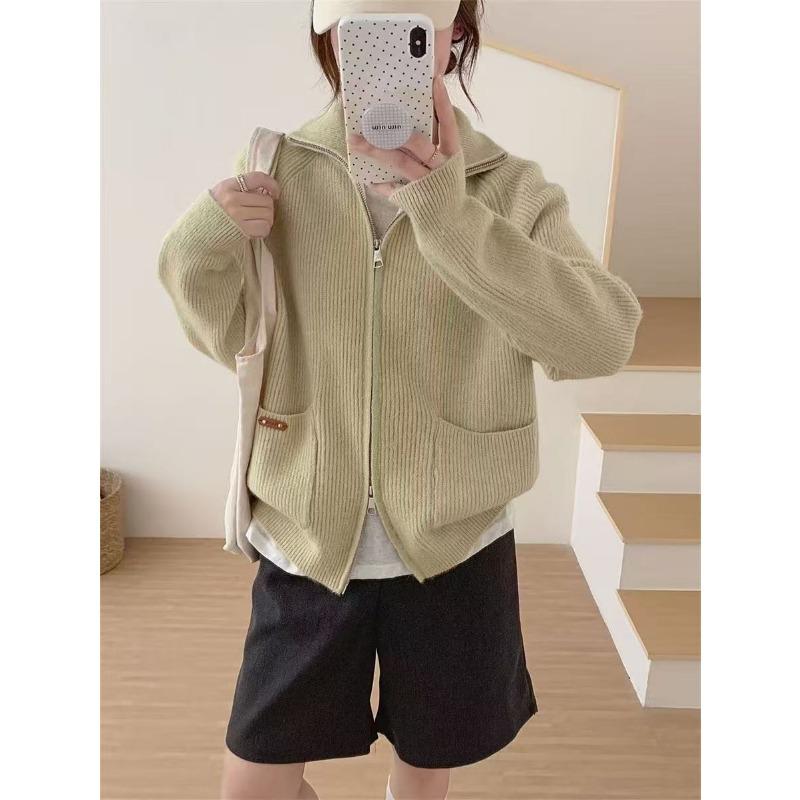 Autumn and winter lapel collar double zipper solid color double pocket casual cardigan temperament thin versatile lazy style knitted sweater