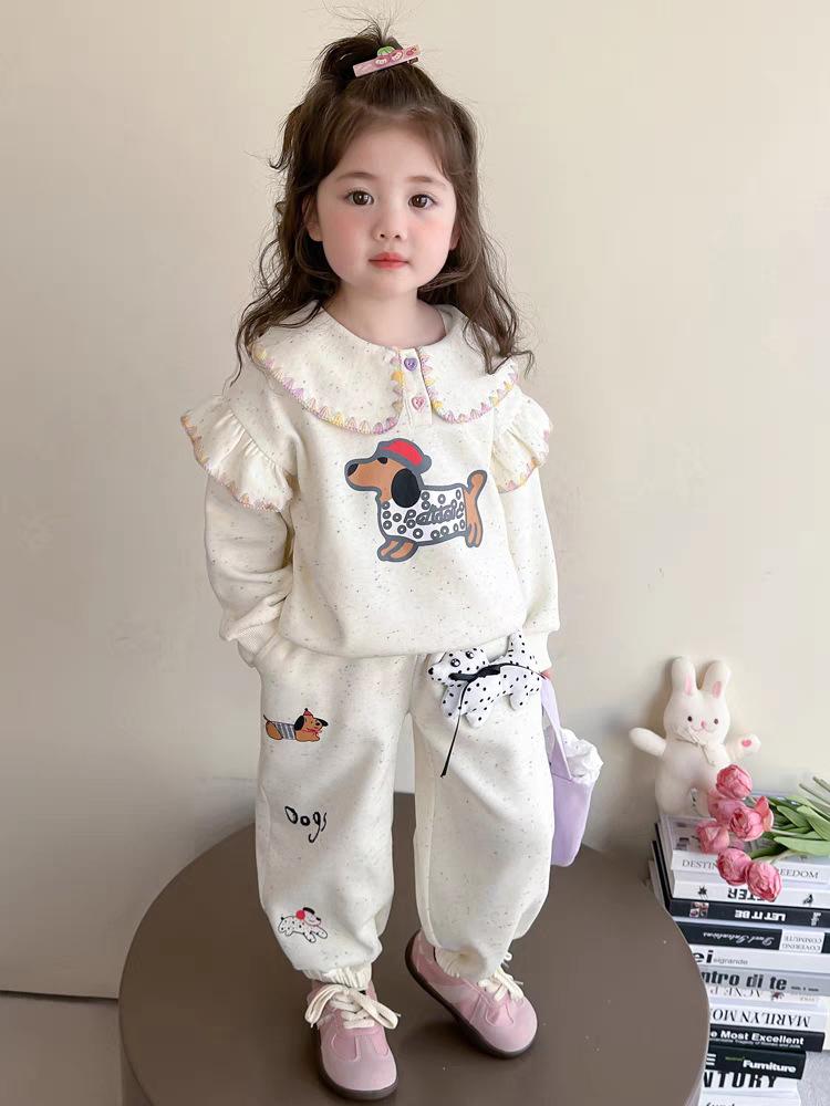 Girls Spring Autumn Dachshund Print Sweet Collar Sweatshirt and Pants Set