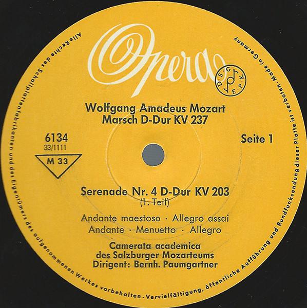 

LP Record WOLFGANG AMADEUS MOZART CAMERATA Serenade Nr. 4 DDur KV 203 Col L 6134 Opera Germany Classical Used