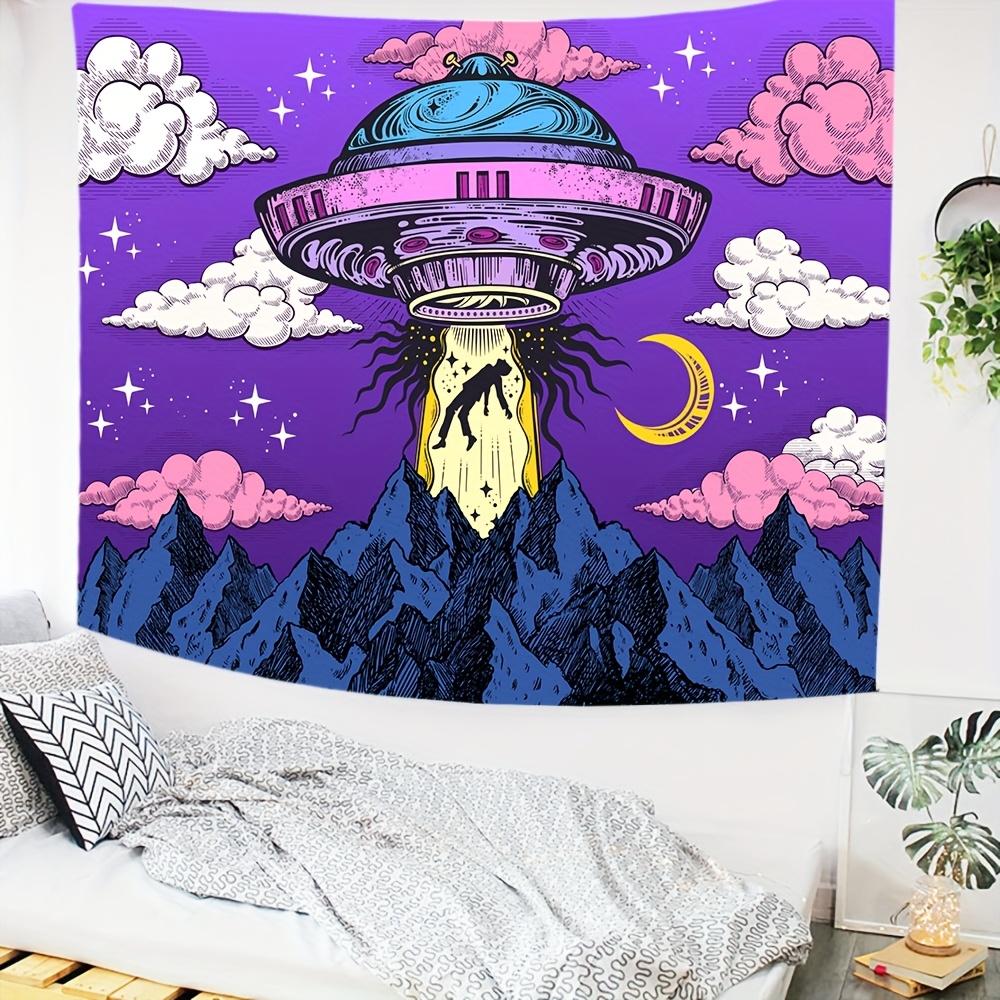 Mystical Ufo Encounter Wall Tapestry For Living Room Decor, Featuring A Stunning Illustration Of An Alien Spaceship Hovering