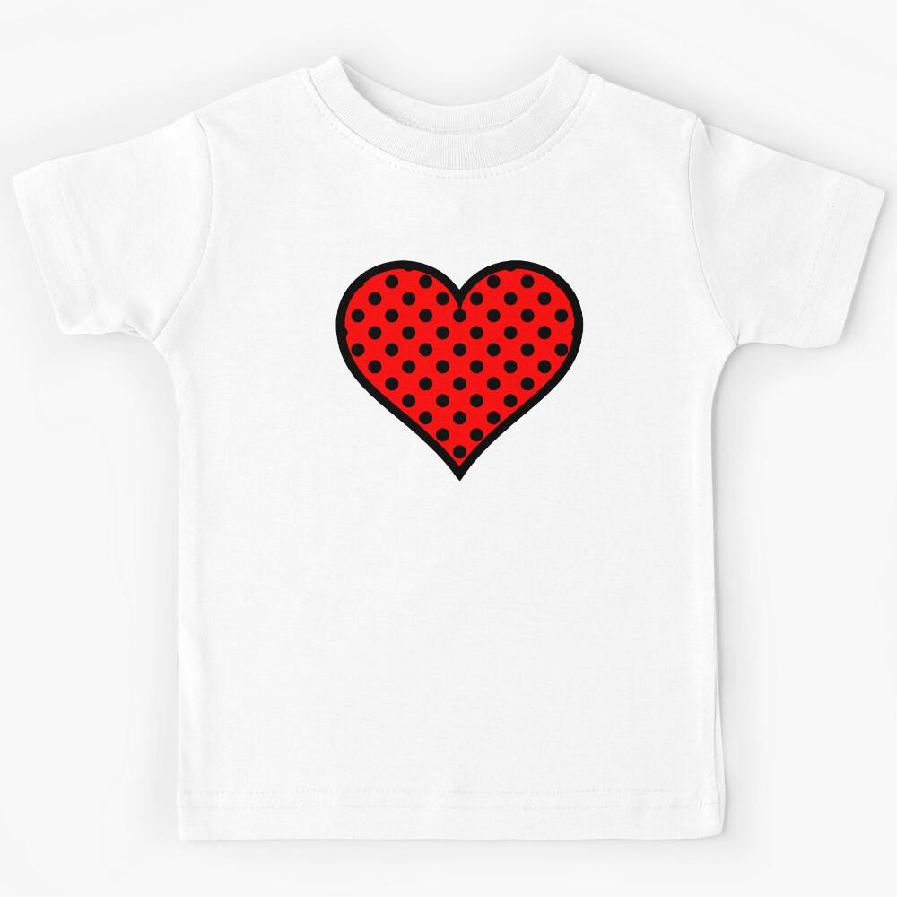 Black Polka Dots on Red Pattern Heart Kids T-Shirt 120