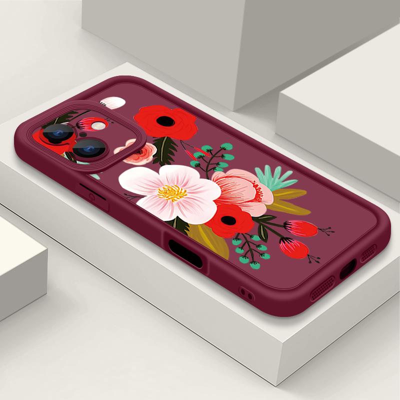 

Чехол для iPhone 16 с мультяшным цветочным узором, противоударный, из ТПУ, силиконовый, мягкий чехол для iPhone 13 14 15 Pro Max 12 11 iPhone 16 Pro Max Funda iPhone 7 / 8 вино красного