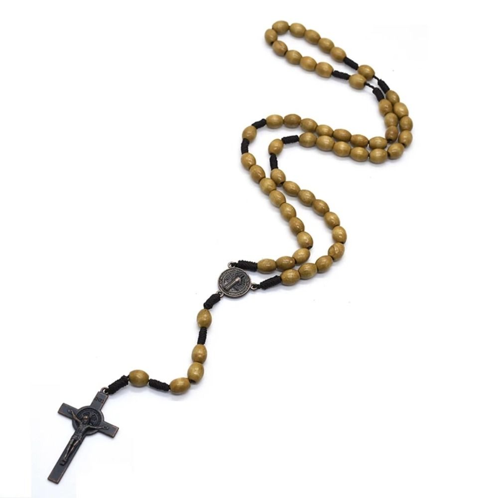 Wood Wood Beads Necklace Car Hanging Ornament Crucifix Pendant Chain Handmade Rosary Necklace  Men