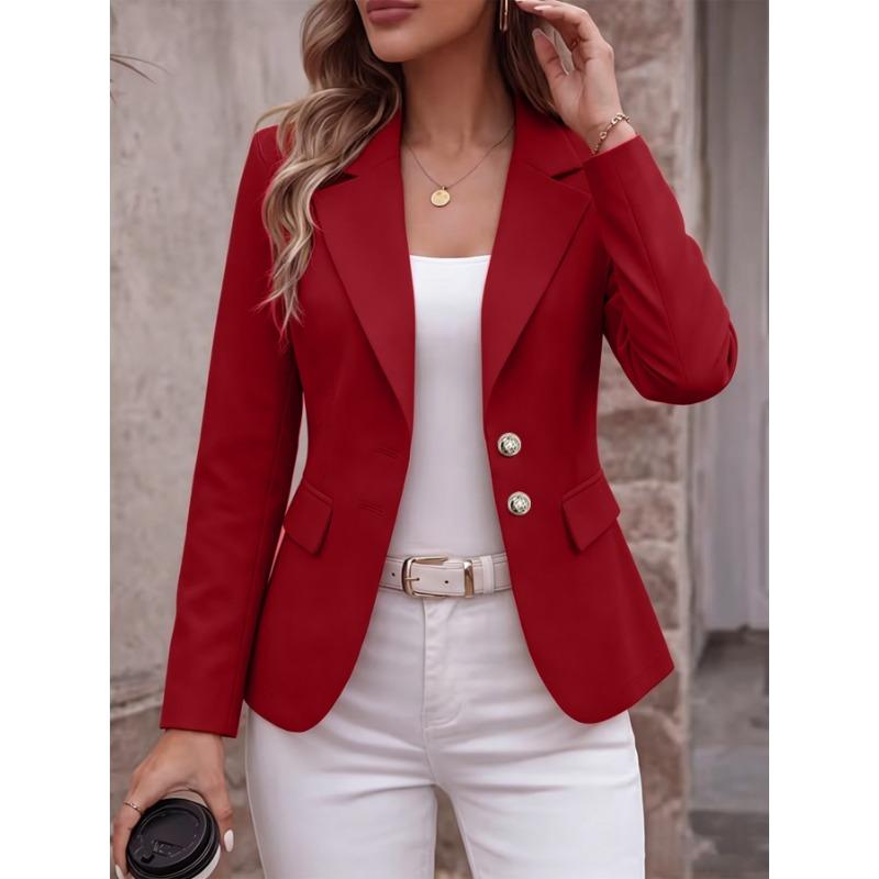 Women S Long Sleeve Blazer Jacket With Turn Down Collar Two Buttons Flap Pockets