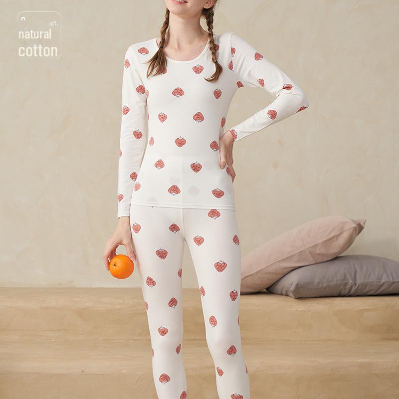 

Женский осенний теплый костюм из чистого хлопка с принтом 2023 года - круглый вырез, тонкий нижний слой для девочек и студентов XL