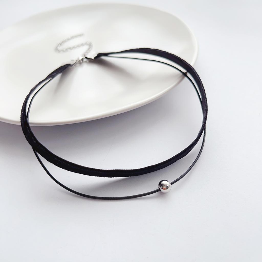 Simple, Sweet and Cool Punk Velvet Strap, Double-layer Stainless Steel Beads, Black Choker Collar, Neck Strap and Necklace for W