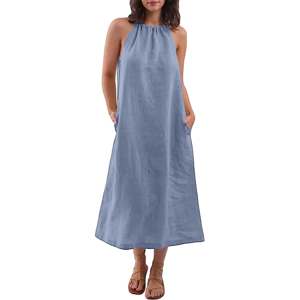 Women's Fashion Sleeveless Round Neck Straps Cotton Linen Dresses