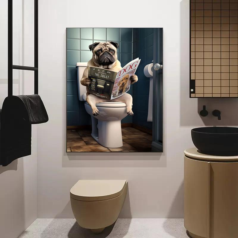 Dog Monkey Highland Cow Sitting on The Toilet Reading Newspaper Poster Animal Print Canvas Painting Funny Bathroom Wall Decor