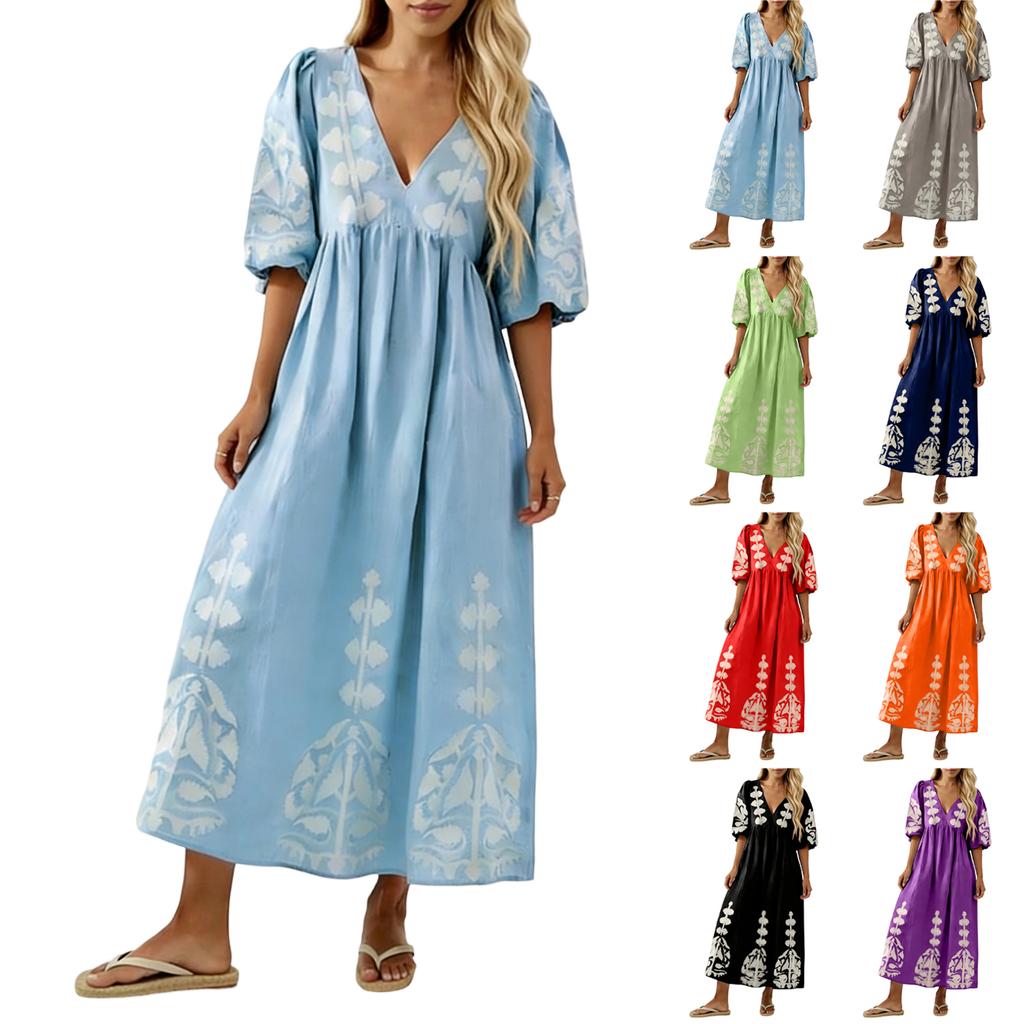 Abito Casual da Donna alla Moda con Scollo a V, Maniche a Bolla, Stampa Floreale, Vestibilità Larga, Schiena Svuotata, Manica a Tre Quarti