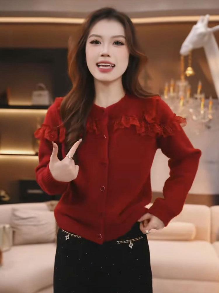 Stylish Lace Patchwork Sweater: 2025 Autumn/Winter Women's Knitted Cardigan