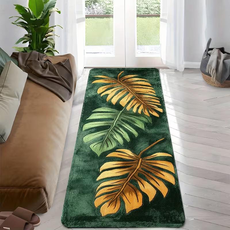 Light Base Tropical Monstera Leaf Runner Rug Minimalist Jungle Plant Print Non Slip Floor Mat for Bathroom Hallway Entry Decor