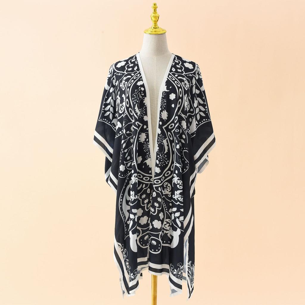 Ethnic Style Spring and Summer Long Chiffon Black and Red Two-color Play Sunscreen Blouse Comfortable High Quality Unique Personalized Clothes