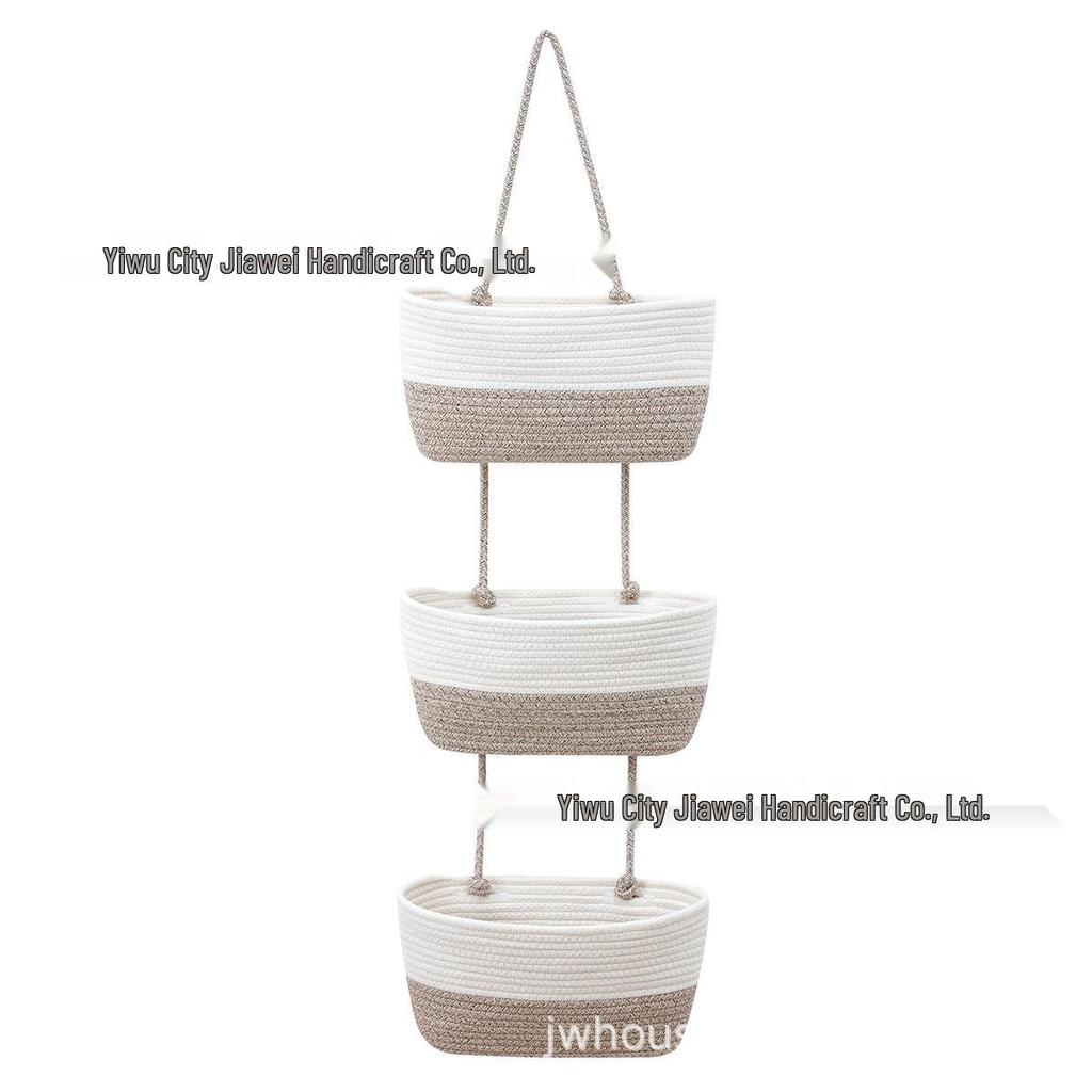 Three-Layer Wall-Mounted Cotton Rope Storage Basket - Decorative Indoor Organizer for Books and Sundries.