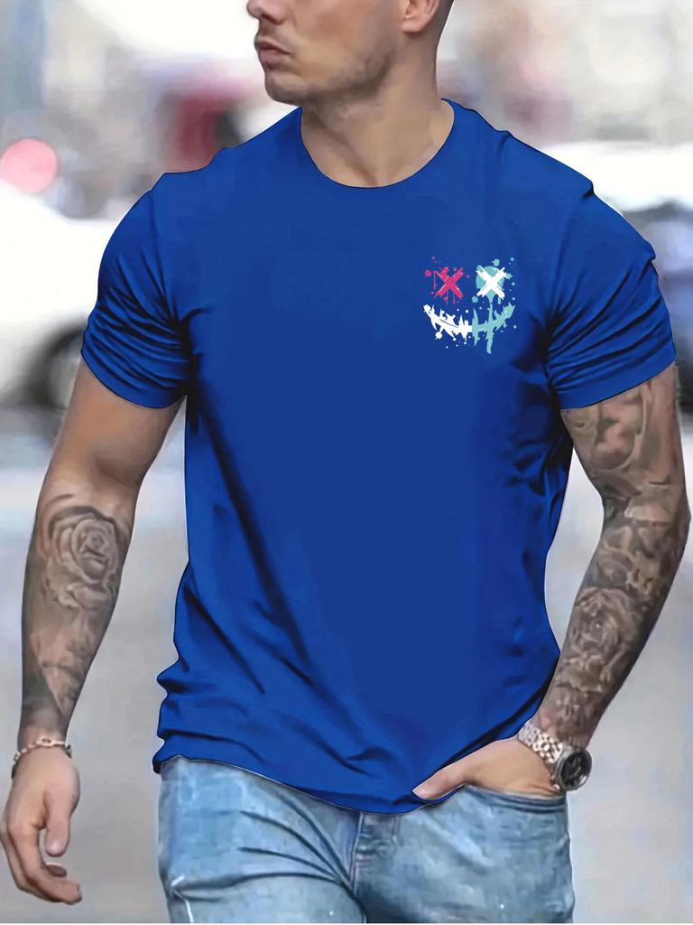 2025 Summer New Men's Cotton Soft Casual Sports Loose Smiley Face Pattern Printed Crew Neck Short Sleeve T-Shirt Top Large Size