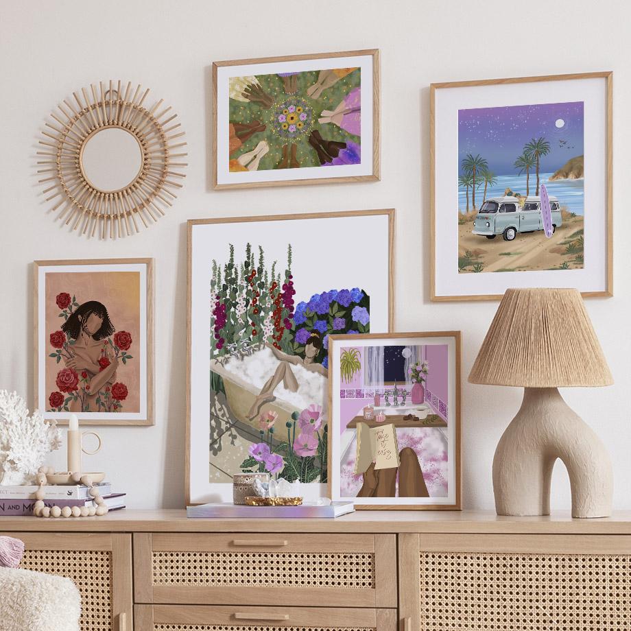 Buntes Mädchen Blume Buch Meer Strand Auto Wandkunst Leinwandmalerei Poster und Drucke Hotel Bar Bild für Wohnzimmer Dekoration