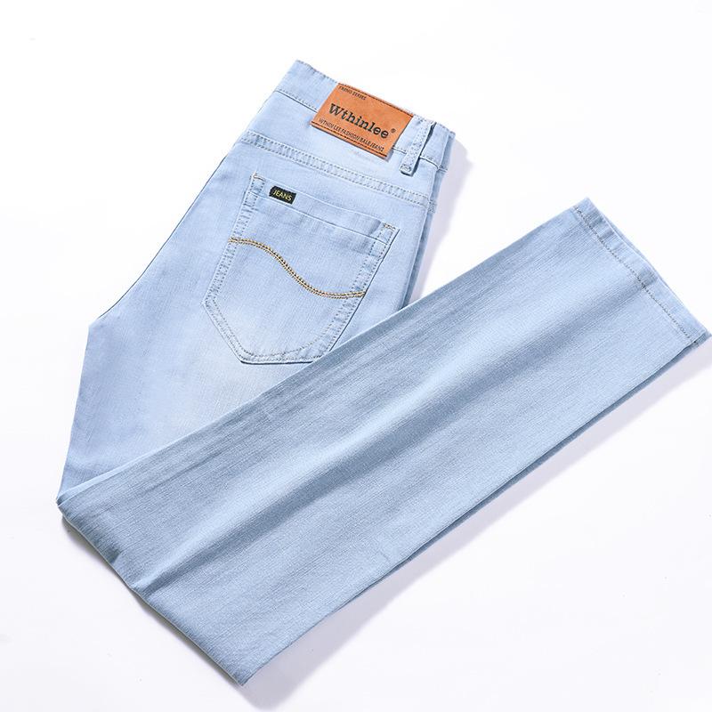 Summer denim trousers for men - relaxed straight-leg fit in light blue, trendy casual long trousers in a lightweight style