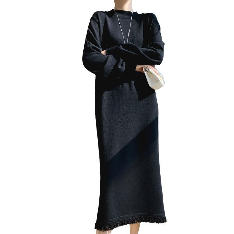 Autumn and winter new fashion knitted inner dress women's fringed semi-turtleneck sweater bottoming long dress tide