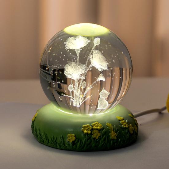 Flower Faux Crystal Ball Night Light 3D Rose Tulip Carnation