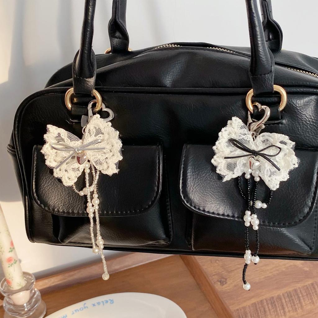 Elegant Pearls Lace Heart Keychain With Bowknot Charm And Tassels For Women Fashion Key HolderJewelry Gift