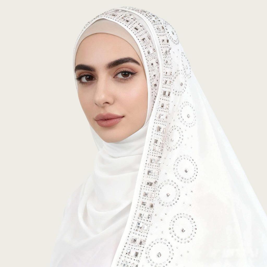 A007 Rhinestone & Pearl Embellished Long Scarf with Lace Trim