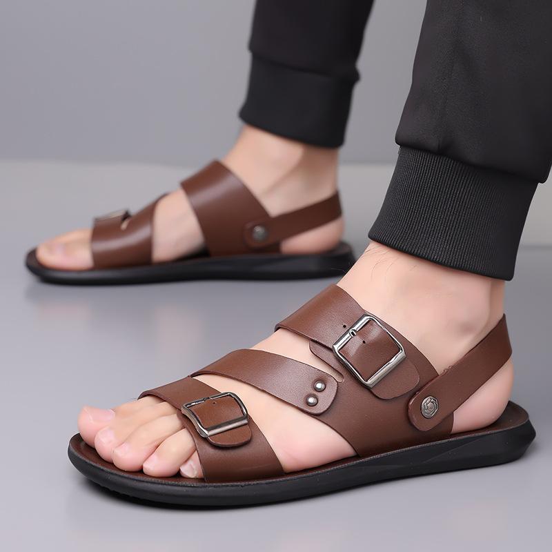 Summer New Men Gladiators Black White Brown Belt Buckle Pu Leather Casual Shoes Breathable Beach Sandals Outdoor Slippers