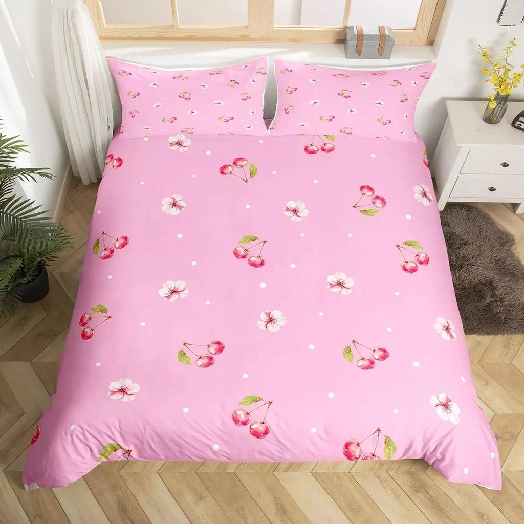 Strawberry Duvet Cover Set Queen King Size Girls Pink Quilt Cover Cartoon Fruit Bedding Set Girls Teenagers Suitable 3 Pcs