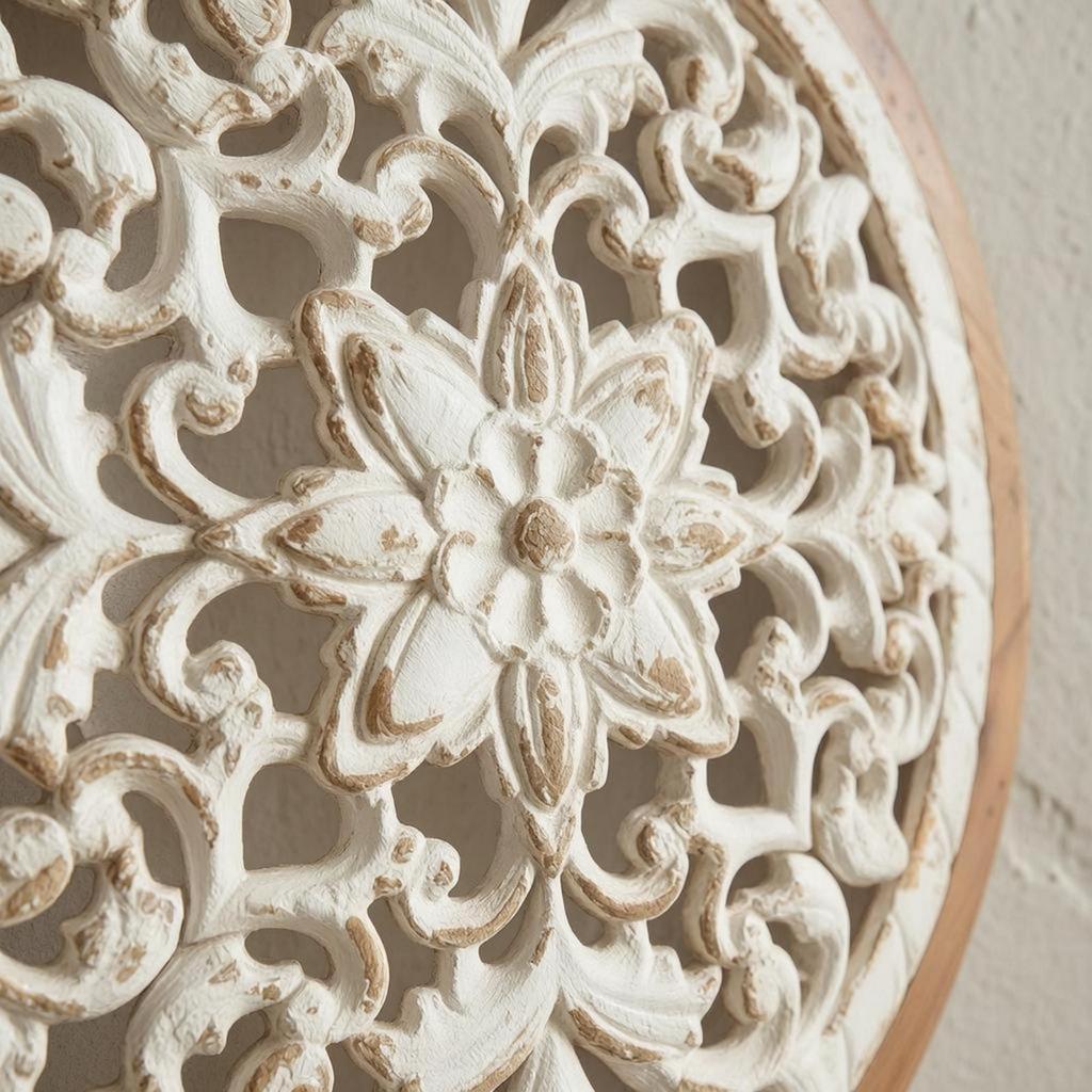 Arte da Parete Floreale Intagliata Pannello in Legno Sbiancato Traforato Decorazione per la Casa