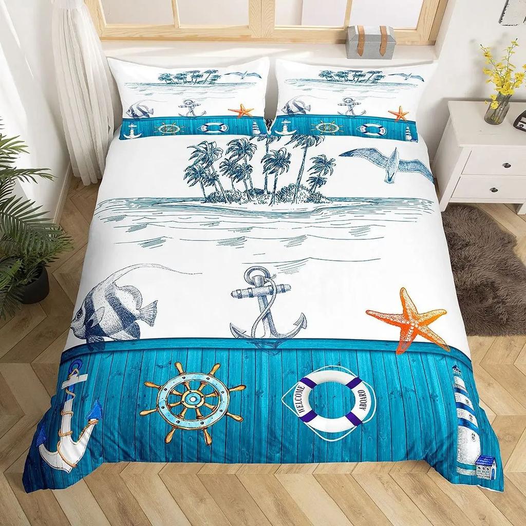 Vintage Nautical Anchor Duvet Cover Set Sailing Lighthouse Bedding Cover With Pillowcase Quilt Cover Three-Piece Set