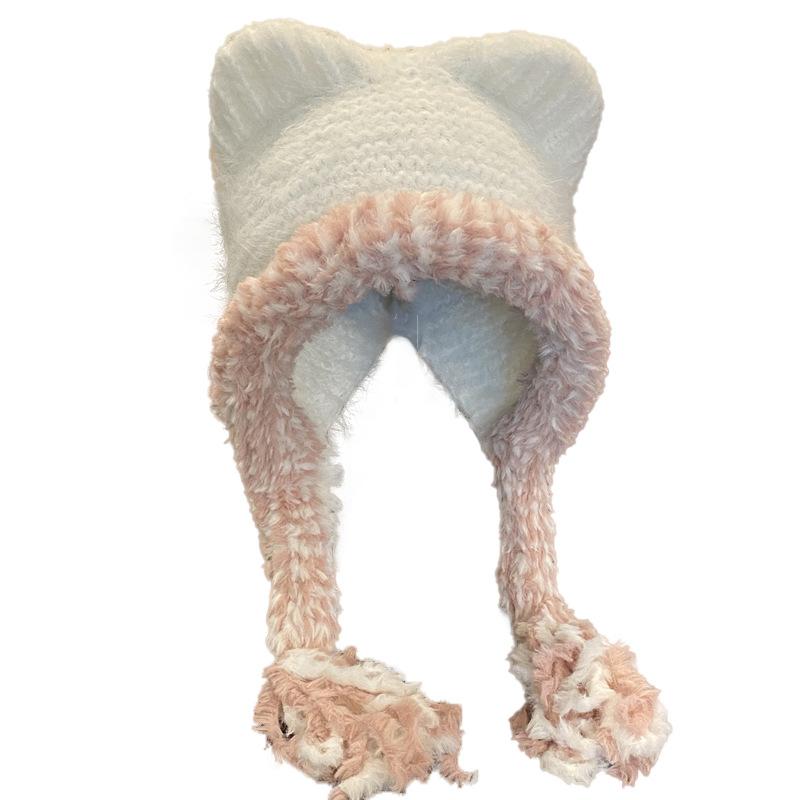 Cute Plush Hat Women's Autumn and Winter Colorful Fringed Braids Knitted Pullover Hat Ear Protector