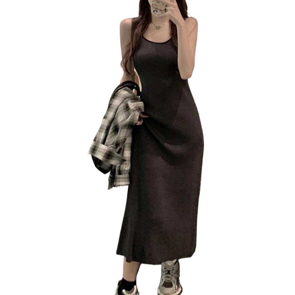 French Knit Off-Shoulder Strappy U-Neck Long Dress - Women's Summer Solid Color H-Line Vest Dress