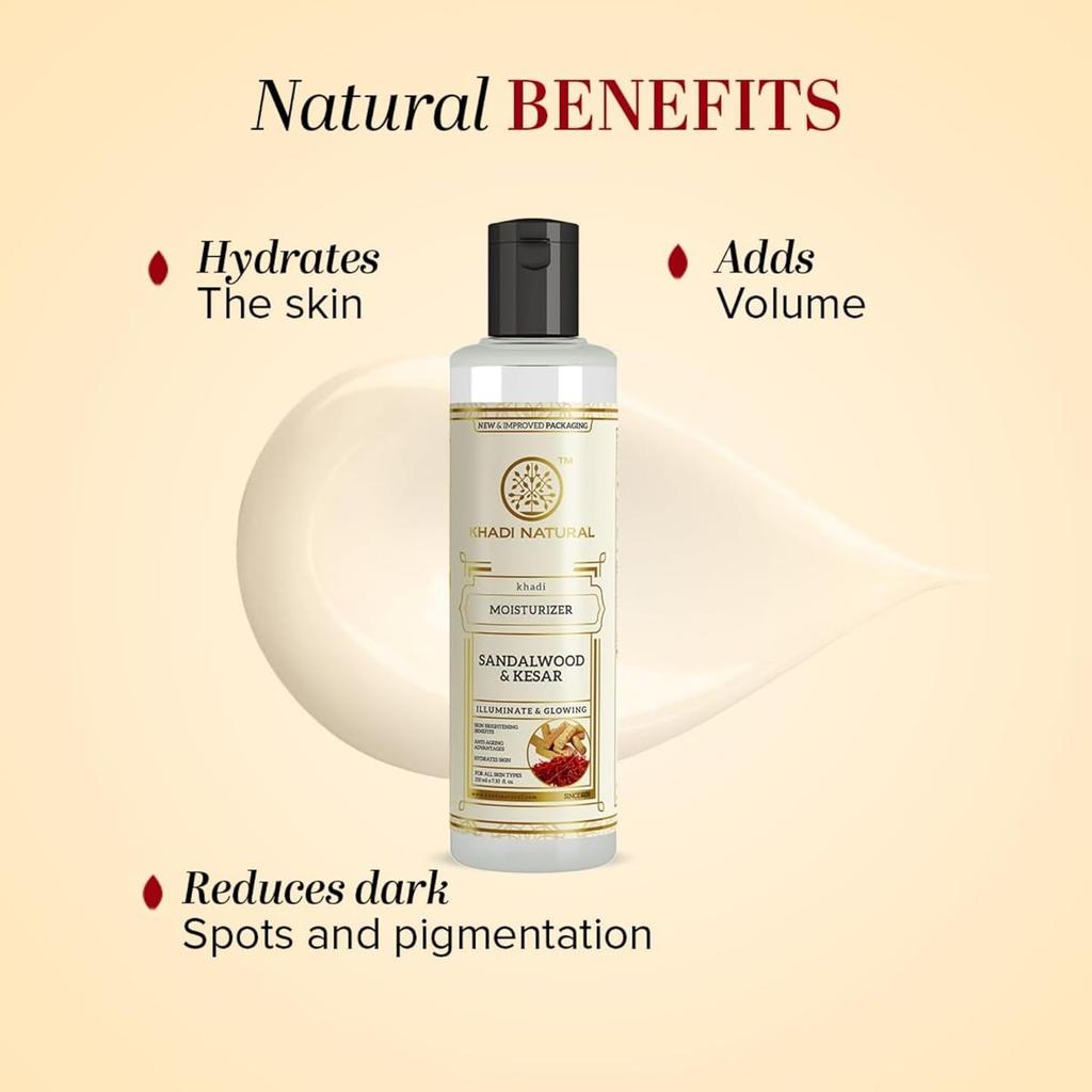 Khadi Natural Sandalwood & Kesar Moisturizer 210ml Pack of 1 Hydrating Skin Cream for Soft Glowing Skin