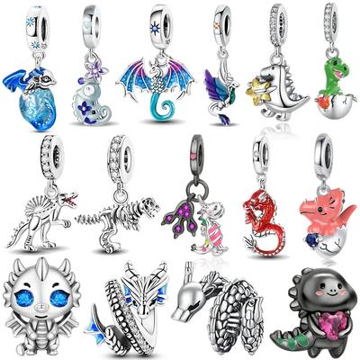 925 Silver Blue Zircon Winged Dragon Dinosaur Skeleton Pendant Charm Beads for Bracelet DIY Boys Gift Jewelry