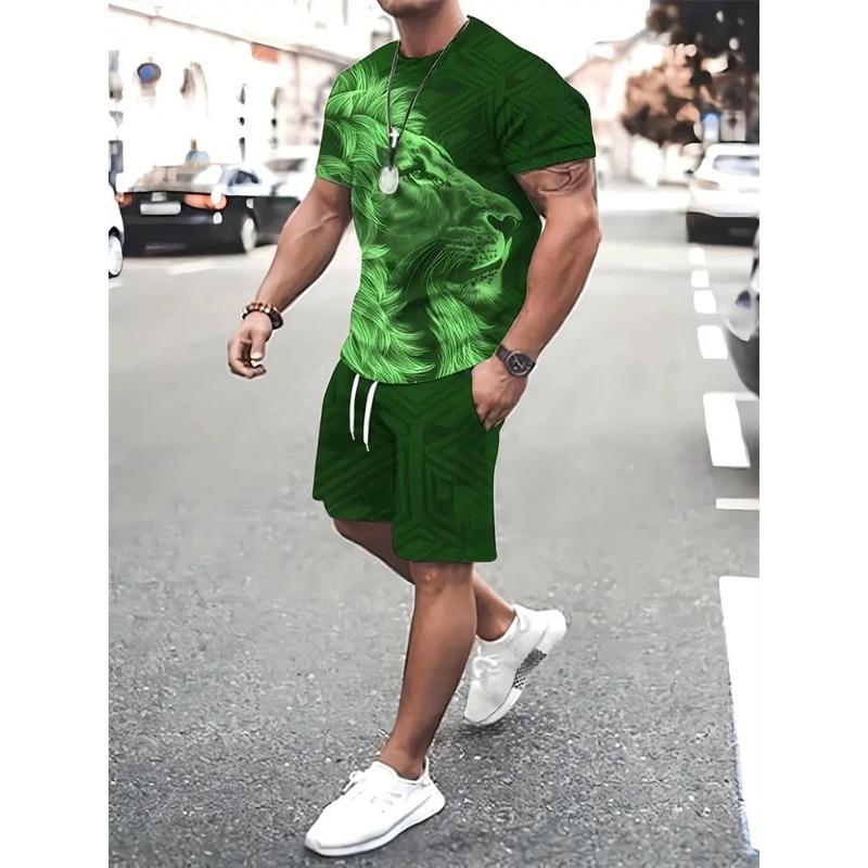 Sommer Herren Löwenmuster Kurzarm Rundhals Atmungsaktives T-Shirt Shorts Anzug Neuer Herren Temperament Streetwear Anzug