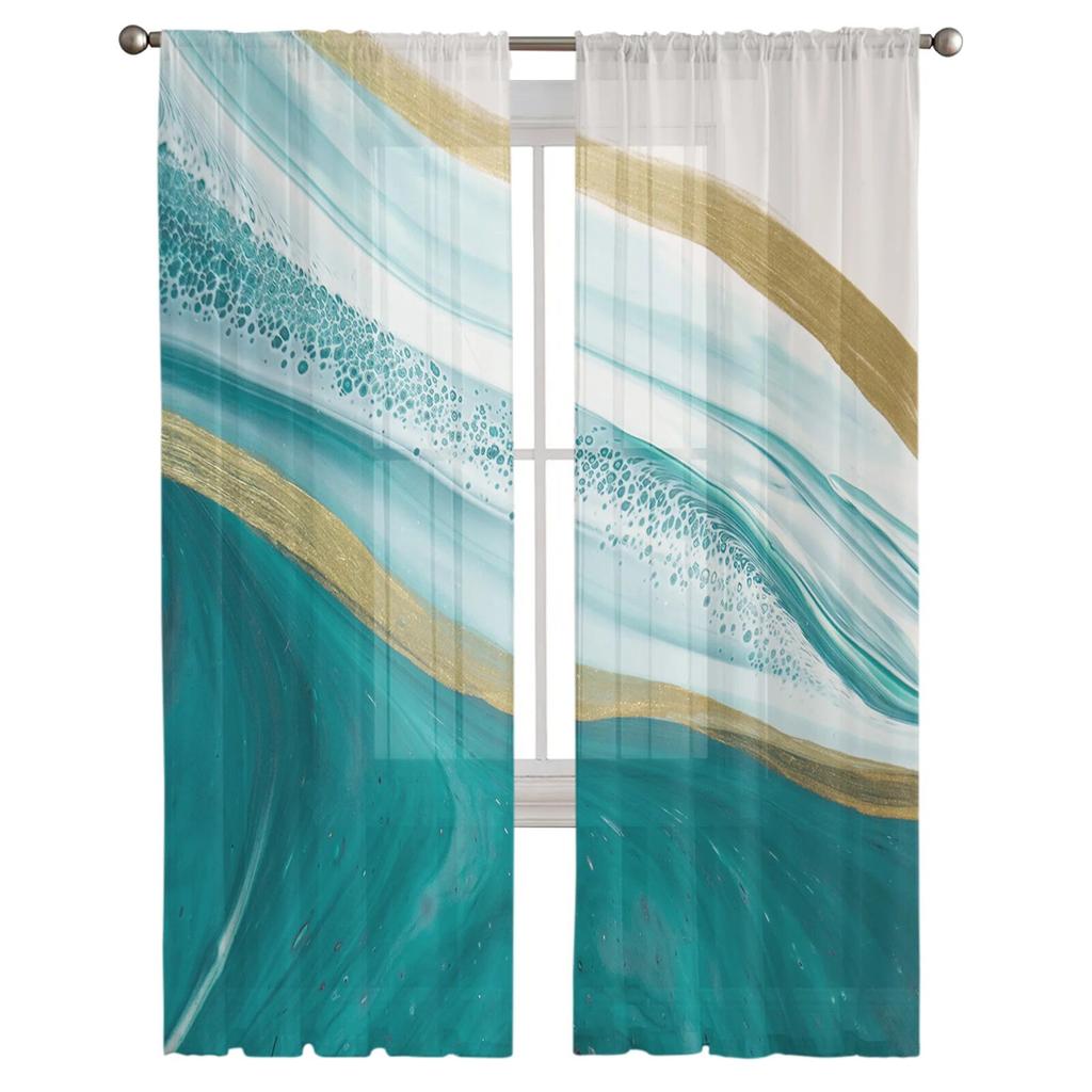 Luxury Tulle Curtains Teal Gradient Marble Pattern Living Room Kitchen Chiffon Curtain Youth Bedroom Sheer Floor Valance Curtain