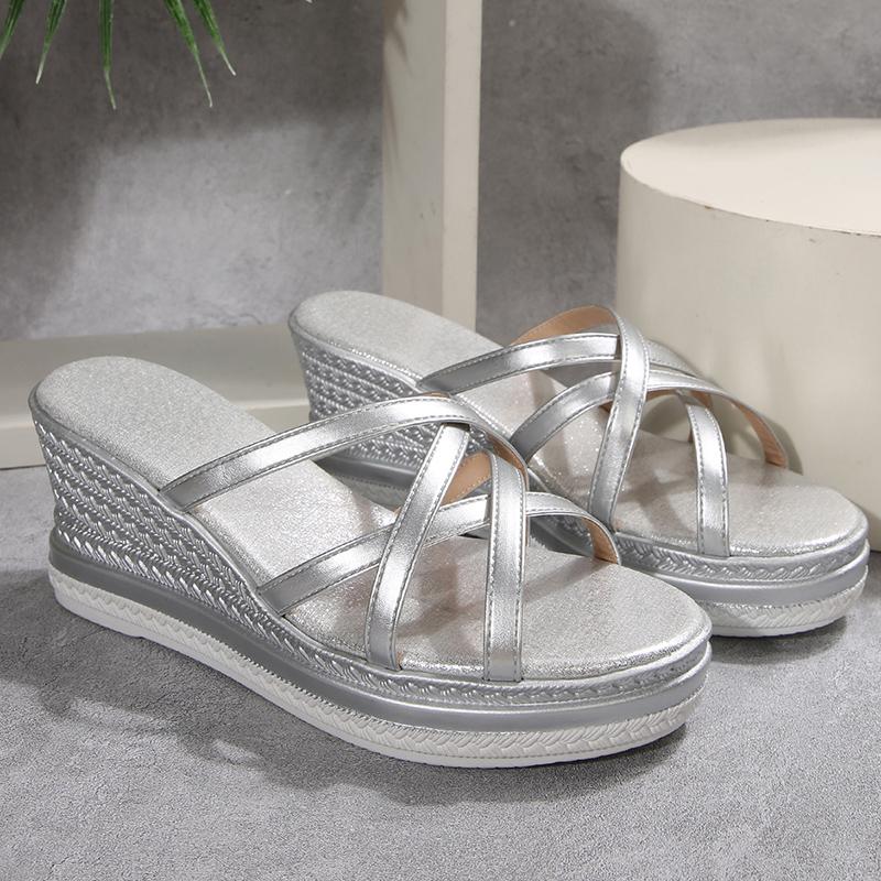 Cross Strap Wedge Heel Sandals for Women Summer 2025 Silver Chunky Platform Slippers Woman Anti Slip Thick Sole Slides Plus Size