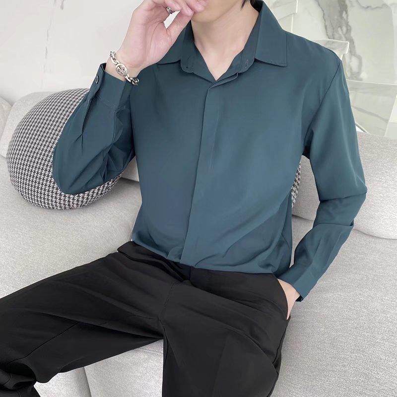 

Весна 2022 Мужская Мода Повседневная Рубашка с Длинным Рукавом Однотонная - Легкий Зрелый Стиль L темно-зеленого