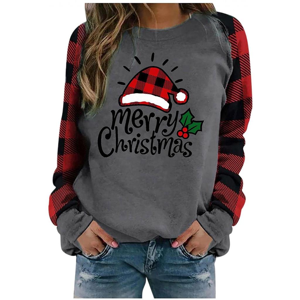 Damenmode Plaid Patchwork Weihnachtsdruck Rundhals Langarm T-Shirt Top