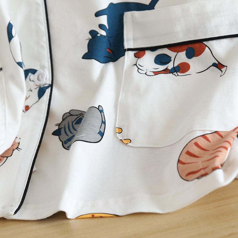Summer Women’s Cute Japanese Cat Pajamas - Short Sleeve Cotton Cardigan & Shorts Set