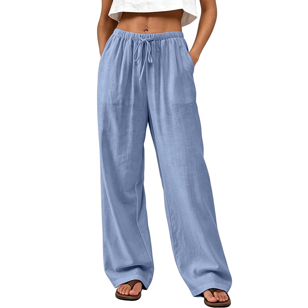 Women’s Summer Loose Fit Straight Leg Long Pants with Elastic Waistband Drawstring and Relaxed Draped Trousers for Casual Wear